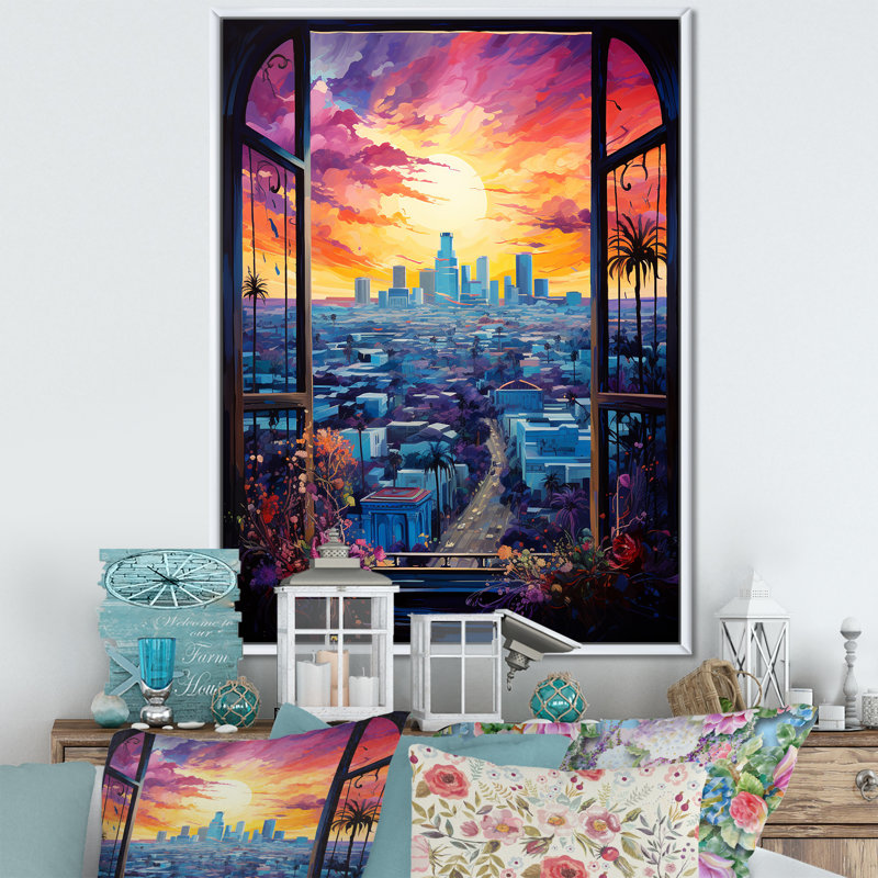 Los Angeles Window View 2 - art mural floral, Cadre flottant blanc, 32" H x 16" W