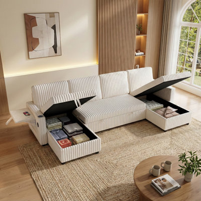Canapé-lit modulaire en velours côtelé de 110 po en U avec lit escamotable, rangement et ports USB