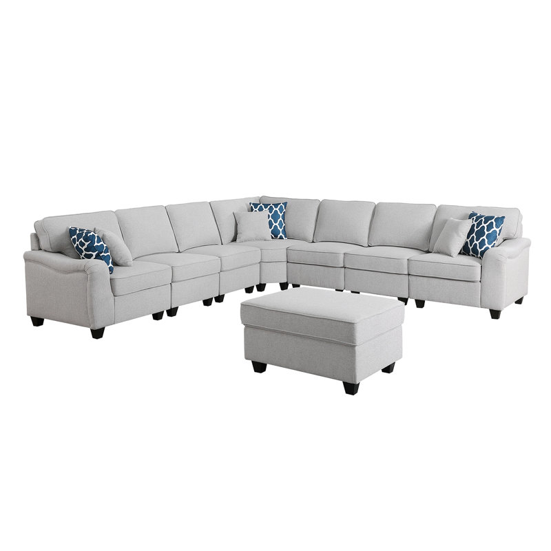 Leo 125" Light Gray Linen Modular L-Shape Sectional Sofa And Ottoman, 35" H x 125" W x 125" D