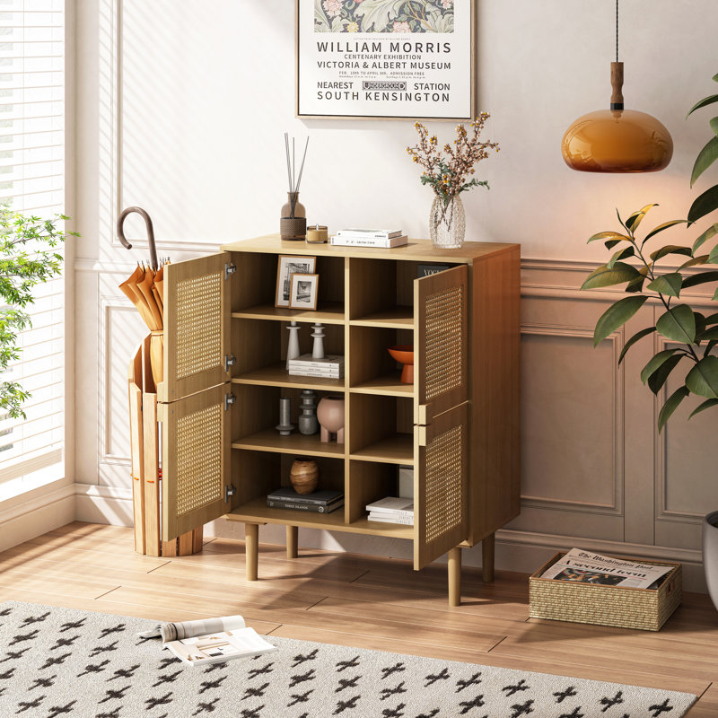 4-Doors Rattan Mesh Storage Cabinet, Natural Wood