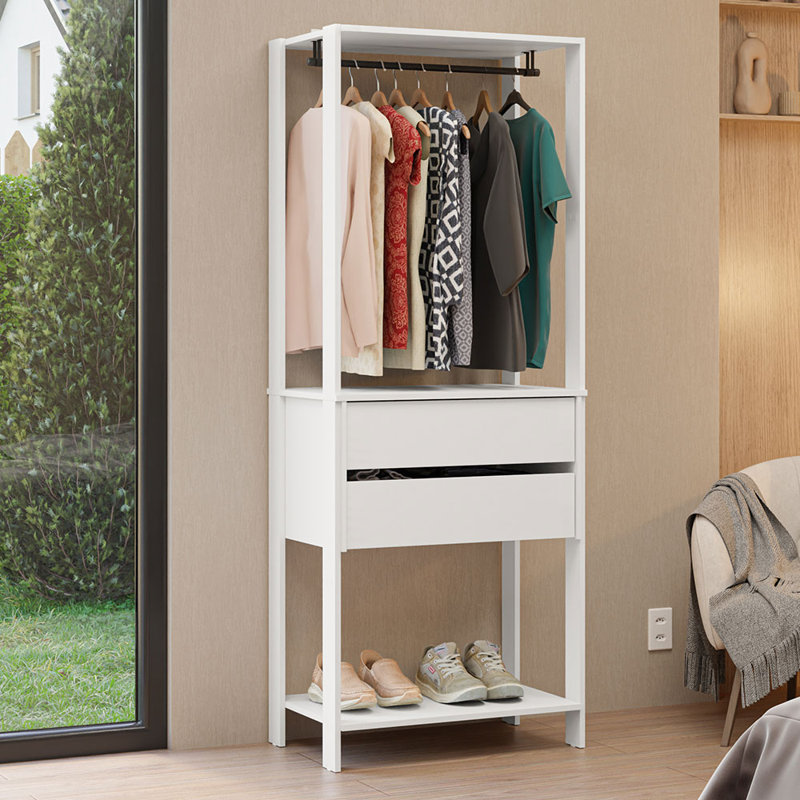 Madesa Wardrobe Clothes Storage Rack with 2 Drawers and Hanging Space 27"L Multiuse Cabinet for Bedroom Organization- White