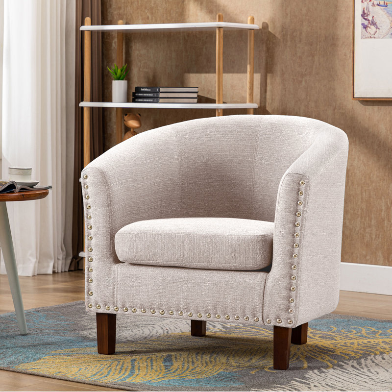 Arthenia Fabric Barrel Accent Chair with Rubberwood Legs, Beige Polyester Blend