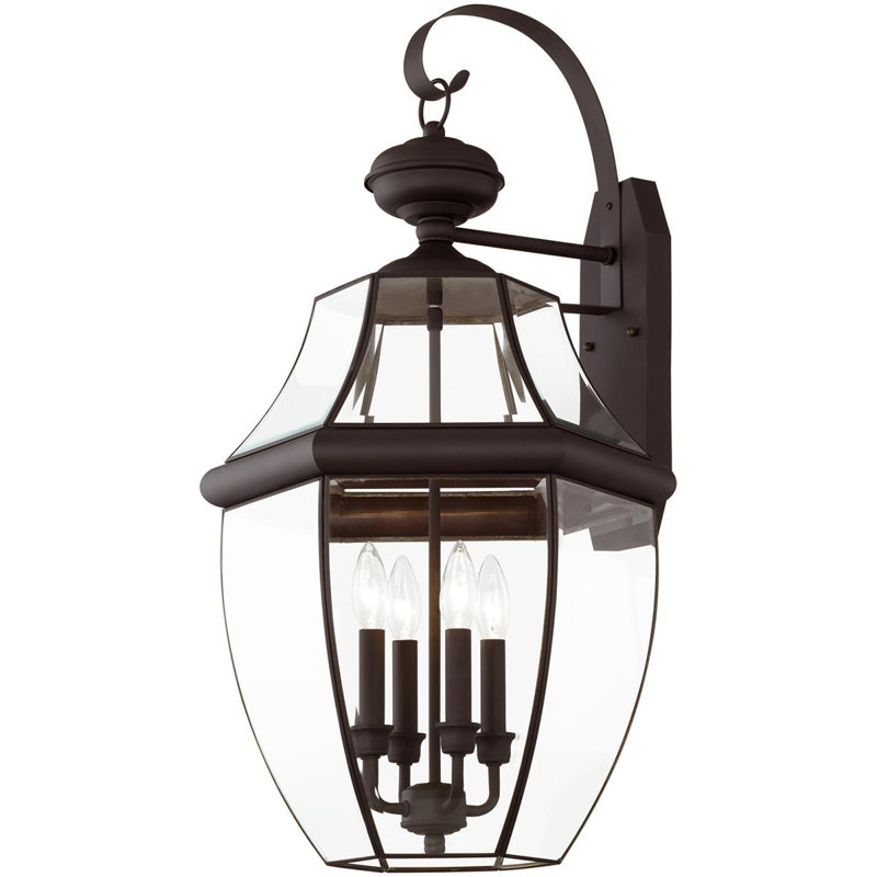 16in 4-Light Outdoor Wall Lantern Pendant with Clear Beveled Glass Shade, Bronze