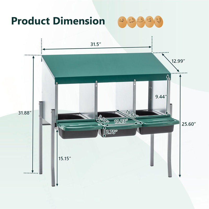 Boîtes de nidification pour poulets, boîtes de nidification de poulet à 3 trous avec pattes, boîte de ponte avec couvercle, pour poulailler extérieur