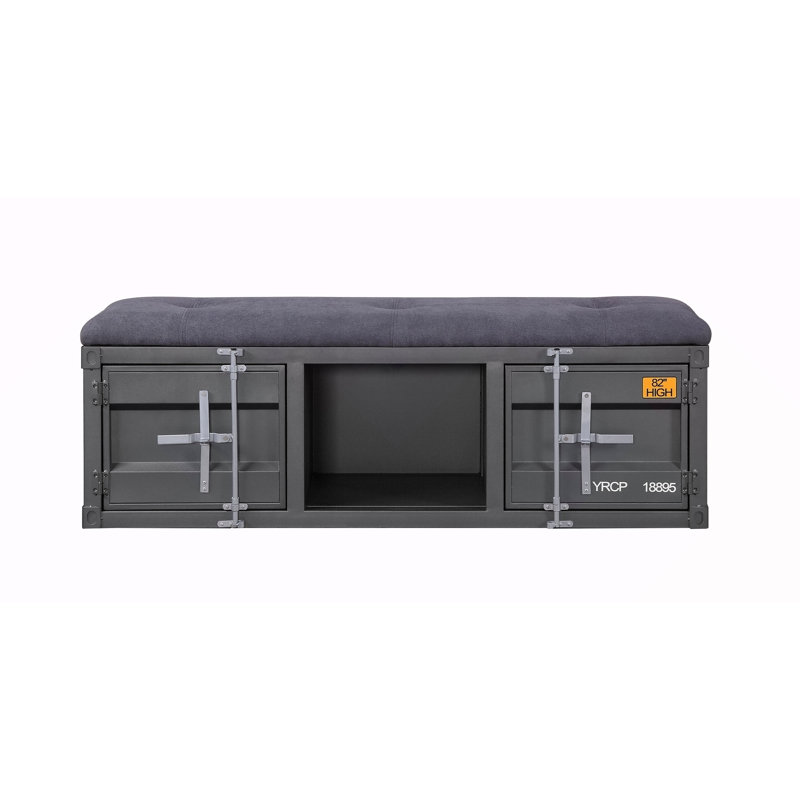 Banc en tissu gris cargaison et finition bronze industriel avec rangement