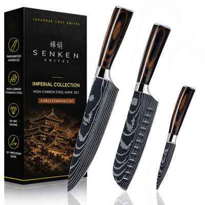 Ensemble de 3 couteaux de cuisine en acier à haute teneur en carbone - Collection Imperial Essentials - Manches en bois à finition lisse et lames en acier à haute teneur en carbone - Couteau de chef 20 cm, Santoku 18 cm, couteau utilitaire 13 cm