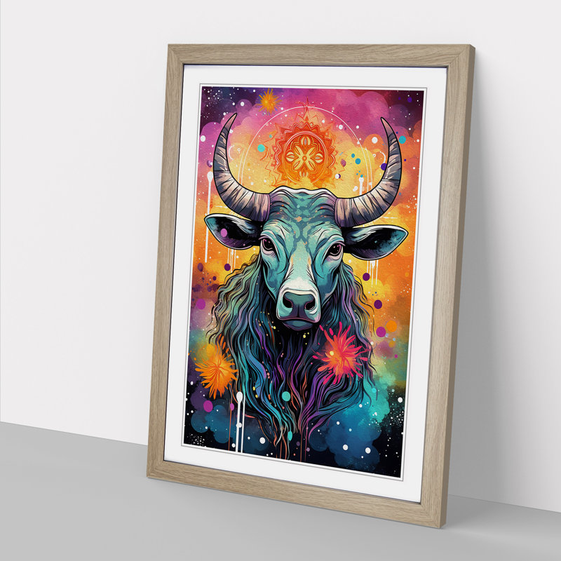 XYZ-FRM-V1223-1614 Taurus Zodiac Pop No.3 - Single Picture Frame Print on Wood, 34cm H x 25cm W x 2cm D, Oak