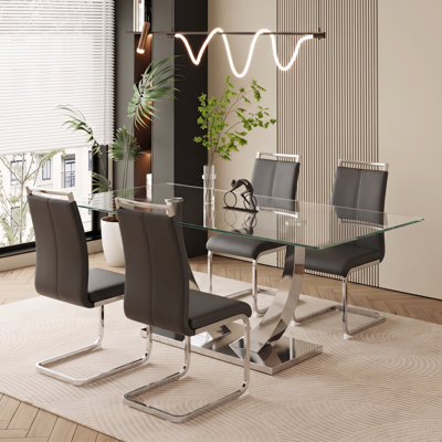 5-Piece 63" Modern Glam Rectangular Tempered Glass Dining Set with Faux Leather Cantilever Chairs