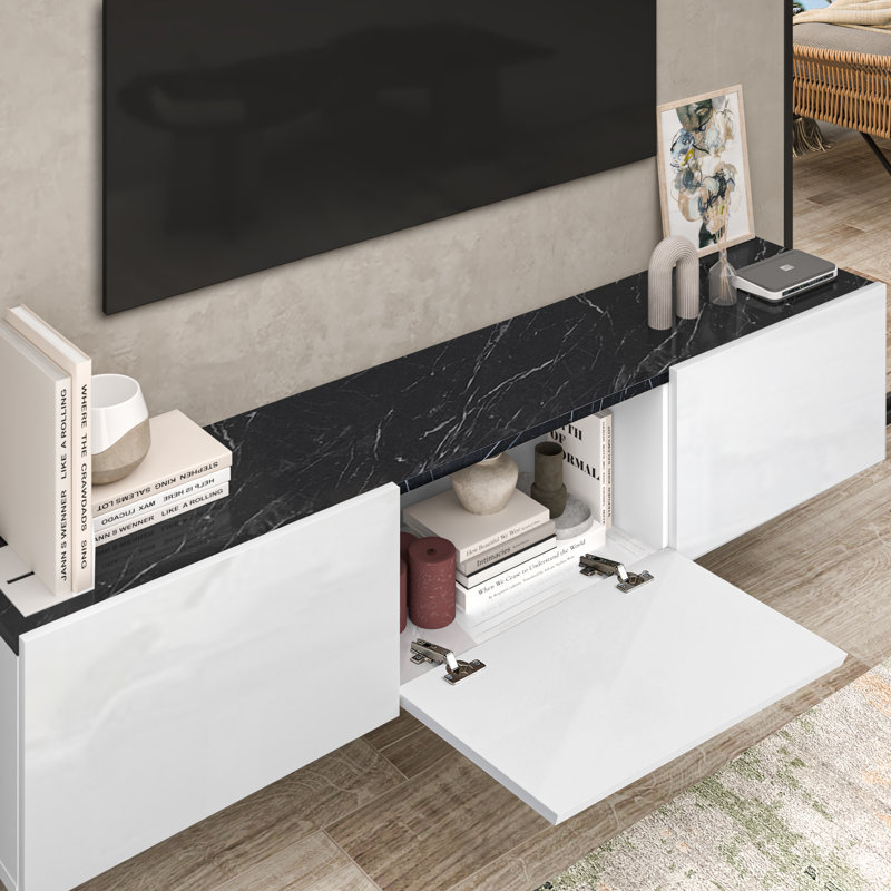 Meuble télé flottant Ronnye, Blanc brillant / marbre noir