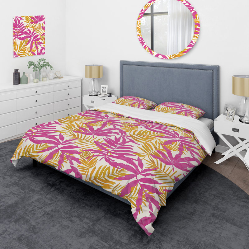 Ensemble de housse de couette moderne feuilles roses et jaunes tropicales II
