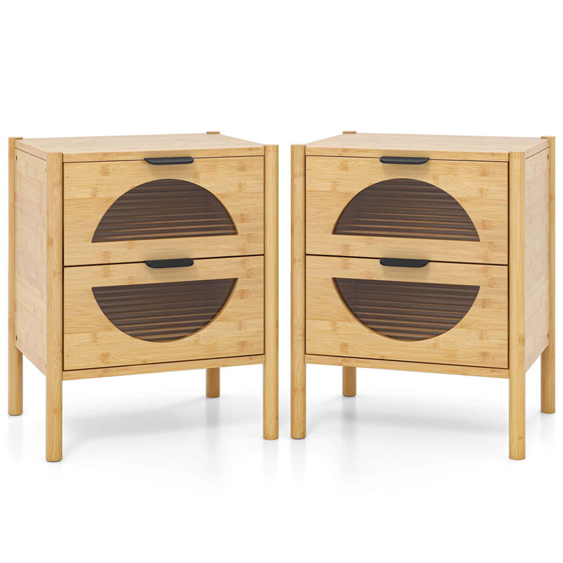 Table de chevet en bambou avec 2 tiroirs de rangement et façades en verre trempé Reeded, Ensemble de 2