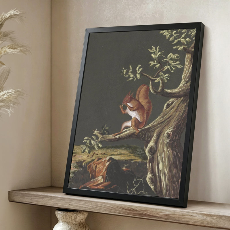 Écureuil roux moderne et moderne perché sur une branche d'arbre, mangeant une noix, style aquarelle détaillé. Art mural 24 "x 36" avec cadre en bois noir