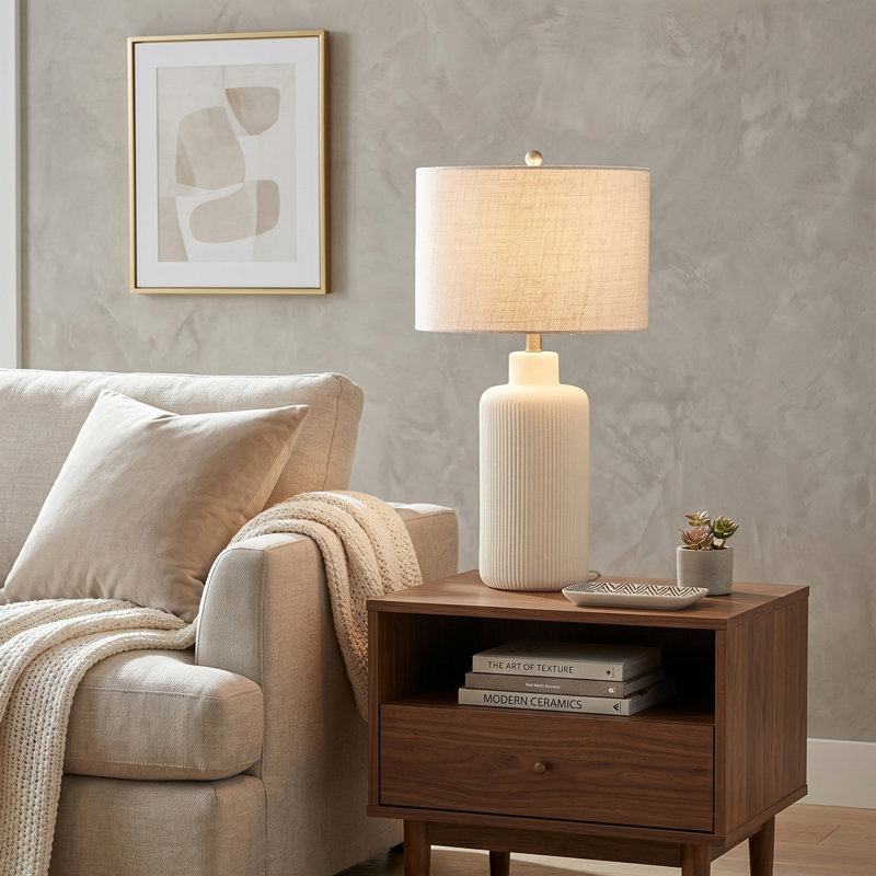 Lampe de table en céramique cannelée 25,25 "avec abat-jour tambour, Blanc