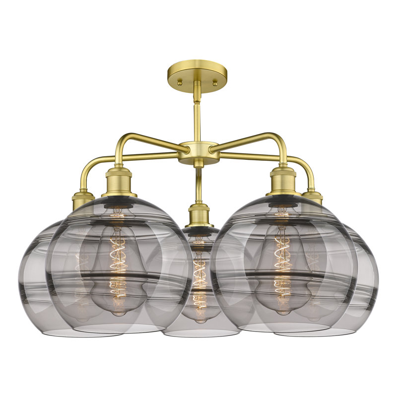 Lustre rond / ovale à abat-jour 5 lumières, Gris fumée clair, H 17,13 po x l 28 po x P 28 po, Or satiné