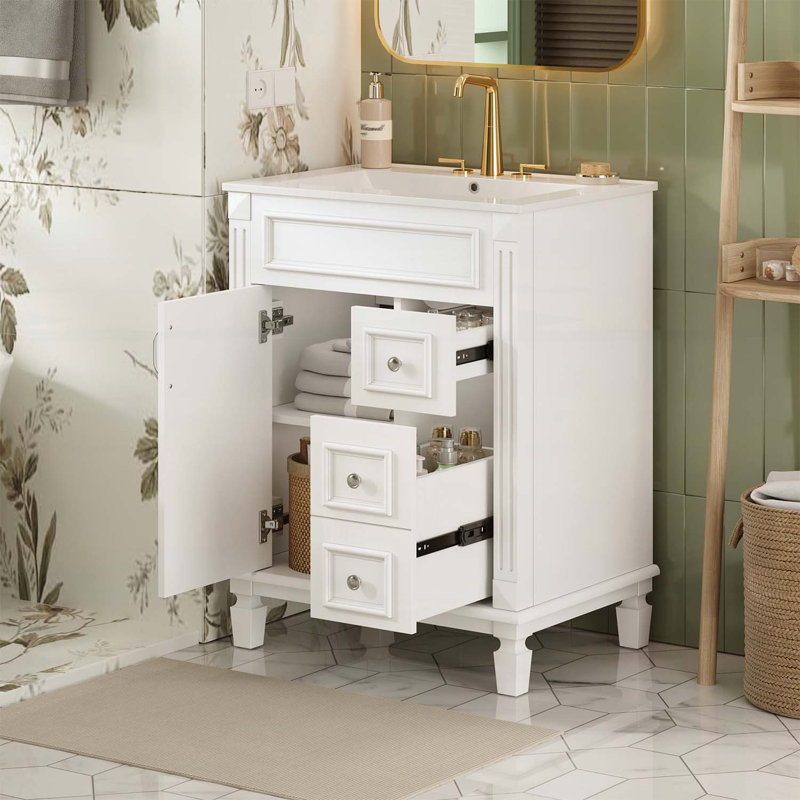 Meuble-lavabo 24 po avec lavabo, conception compacte, 2 tiroirs, tablette réglable, idéal pour les petits espaces, Blanc