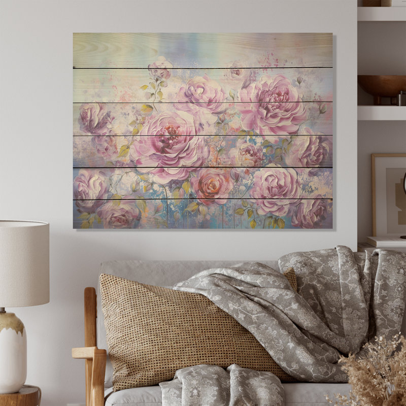 Fleurs mauves et fluorescentes - champ de fleurs, art mural sur bois de pin naturel, H 24 po x l 32 po