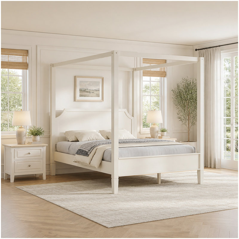 Queen Size Wooden Canopy Platform Bed with Headboard and Support Legs, Creamy White, Très grand lit