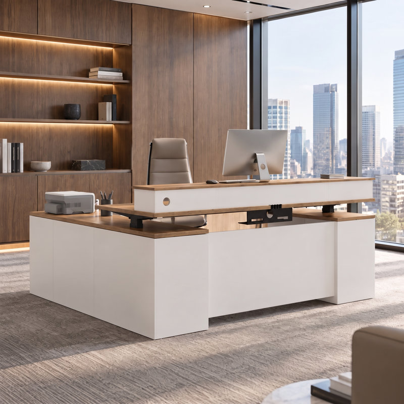 Comptoir d'accueil moderne de 220 cm (86,6 po) avec éclairage DEL, tiroir verrouillable, rangement pour dossiers, prises de courant intégrées et gestion des câbles, idéal pour les bureaux, salons de coiffure et commerces.
