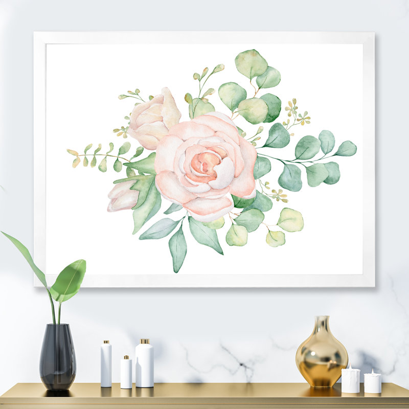 Bouquet de fleurs de rose et d'eucalyptus - Peinture sur toile, H 34 po x l 44 po x P 1,5 po, Cadre photo blanc