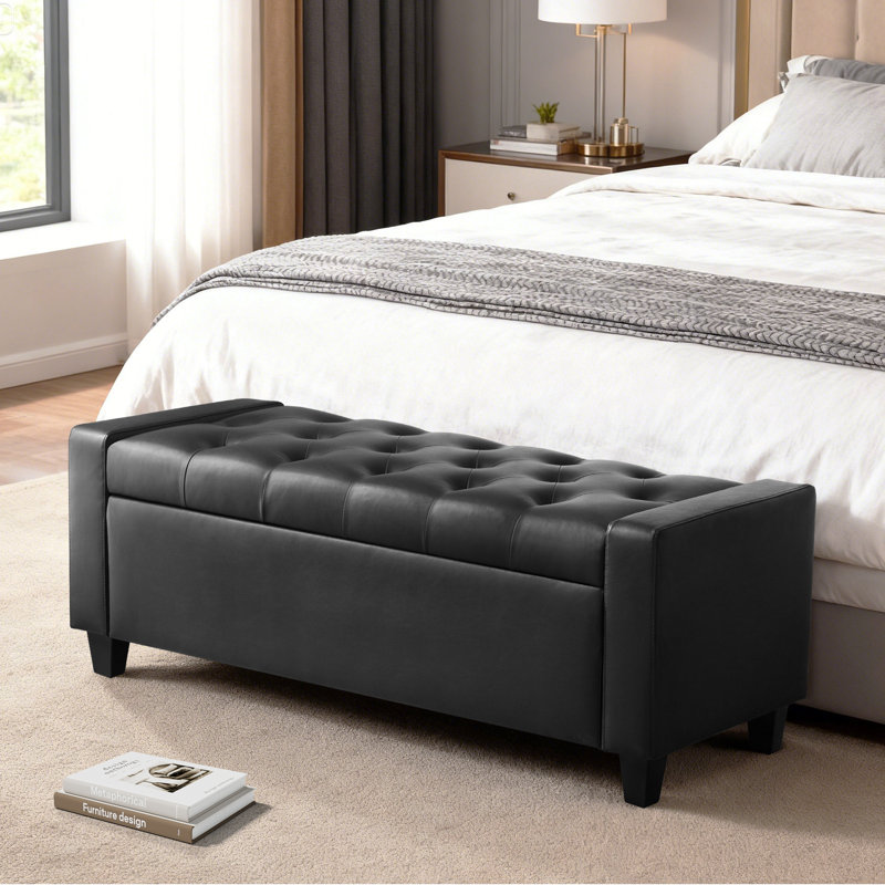 48.8" W Faux Leather Upholstered Storage Bench, Black