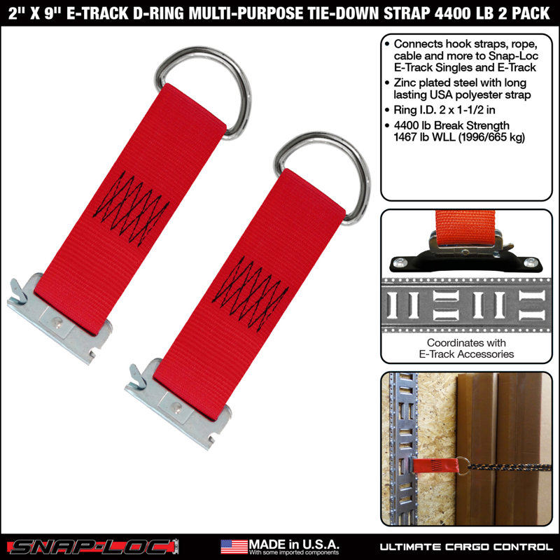 Paquet de 2 sangles de fixation en D de 2 x 9 pouces pour anneaux en D de 4 400 lb Snap-Loc