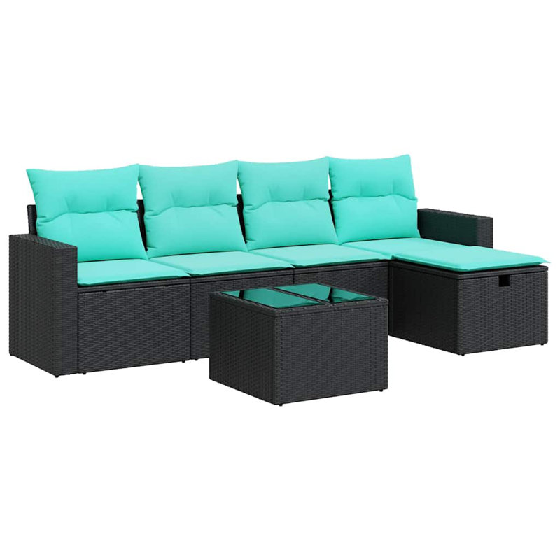  6 Piece Patio Sofa Set With Cushions Poly Rattan, Black, Green