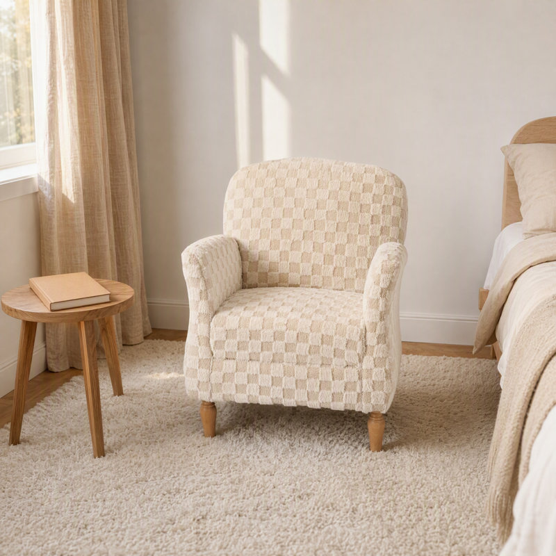 Chaise d'appoint rembourrée à carreaux avec pieds en bois massif, Beige