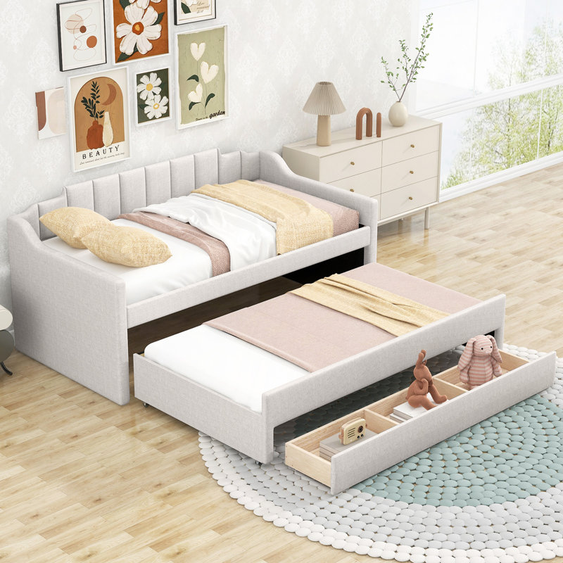 Upholstered Daybed With Trundle And Three Drawers, Beige, Twin