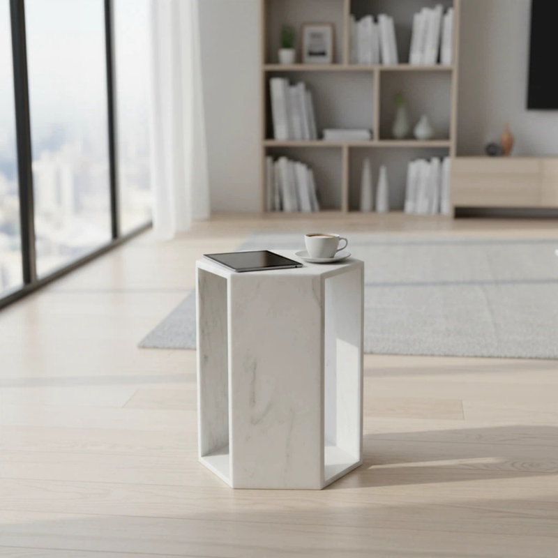 Table d'appoint hexagonale en marbre naturel blanc, Blanc