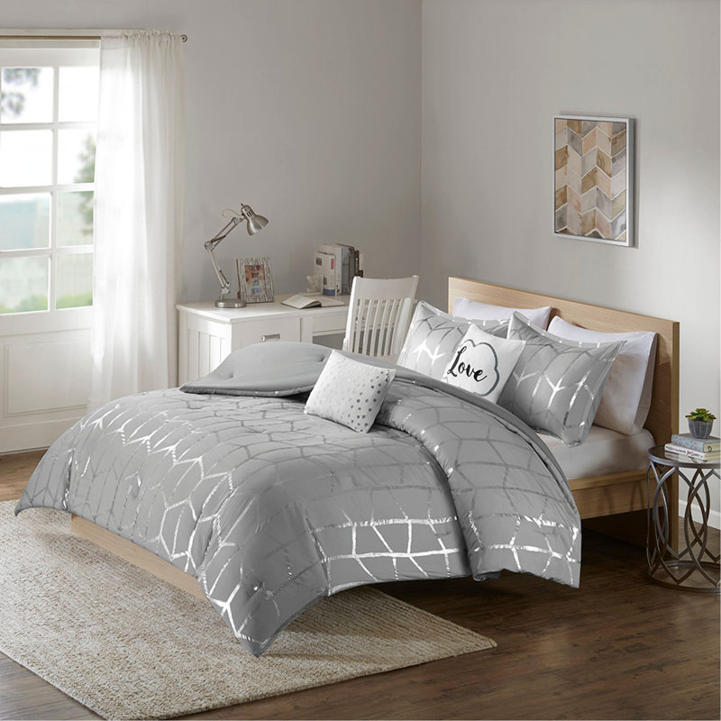 Ensemble d'édredon imprimé métallique, Édredon simple + 3 pièces supplémentaires, Argenté / Gris