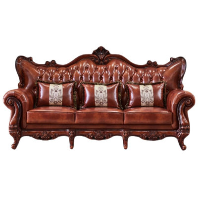 European-style Solid Wood Carved High-grade Sofa 92.5'' Genuine Leather Rolled Arm Sofa -  FURNITURE LEISURE, INC., JHF3QQ4V7PX