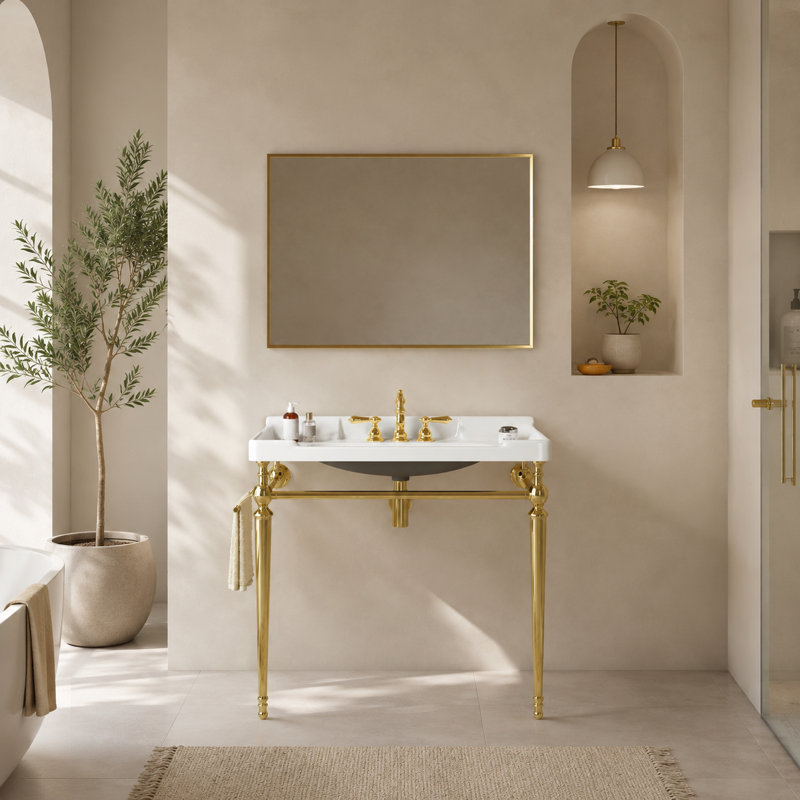 Lavabo de console de salle de bain en acier inoxydable doré avec vasque en céramique blanche et porte-serviettes, Gold