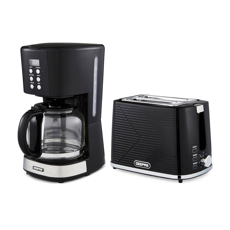 GEEPAS 1.5L Filter Coffee Machine & 2 Slice Toaster Combo Set | 900W Programmable Drip Coffee Maker For Instant Coffee Espresso | 40Min Keep Warm Timer 900W Bread Toaster 7 Browning Levels Crumb Tray