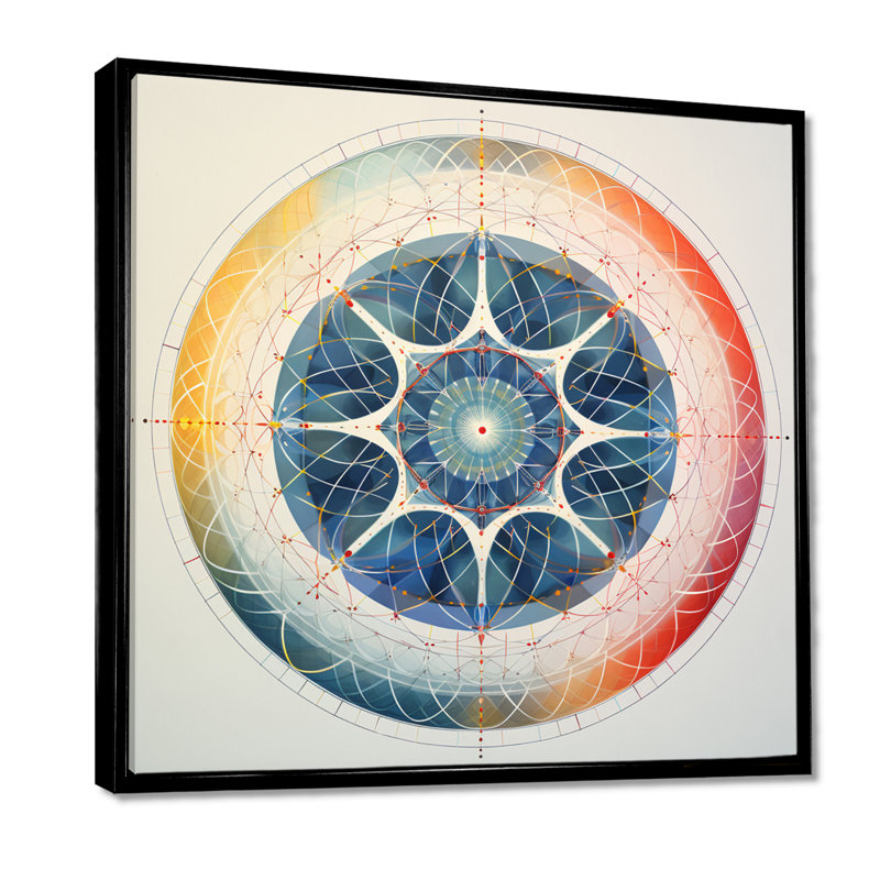 Étoile bleue rétro rétro - art mural mandala boho, Toile avec cadre flottant noir, H 16 po x l 16 po x P 1 po