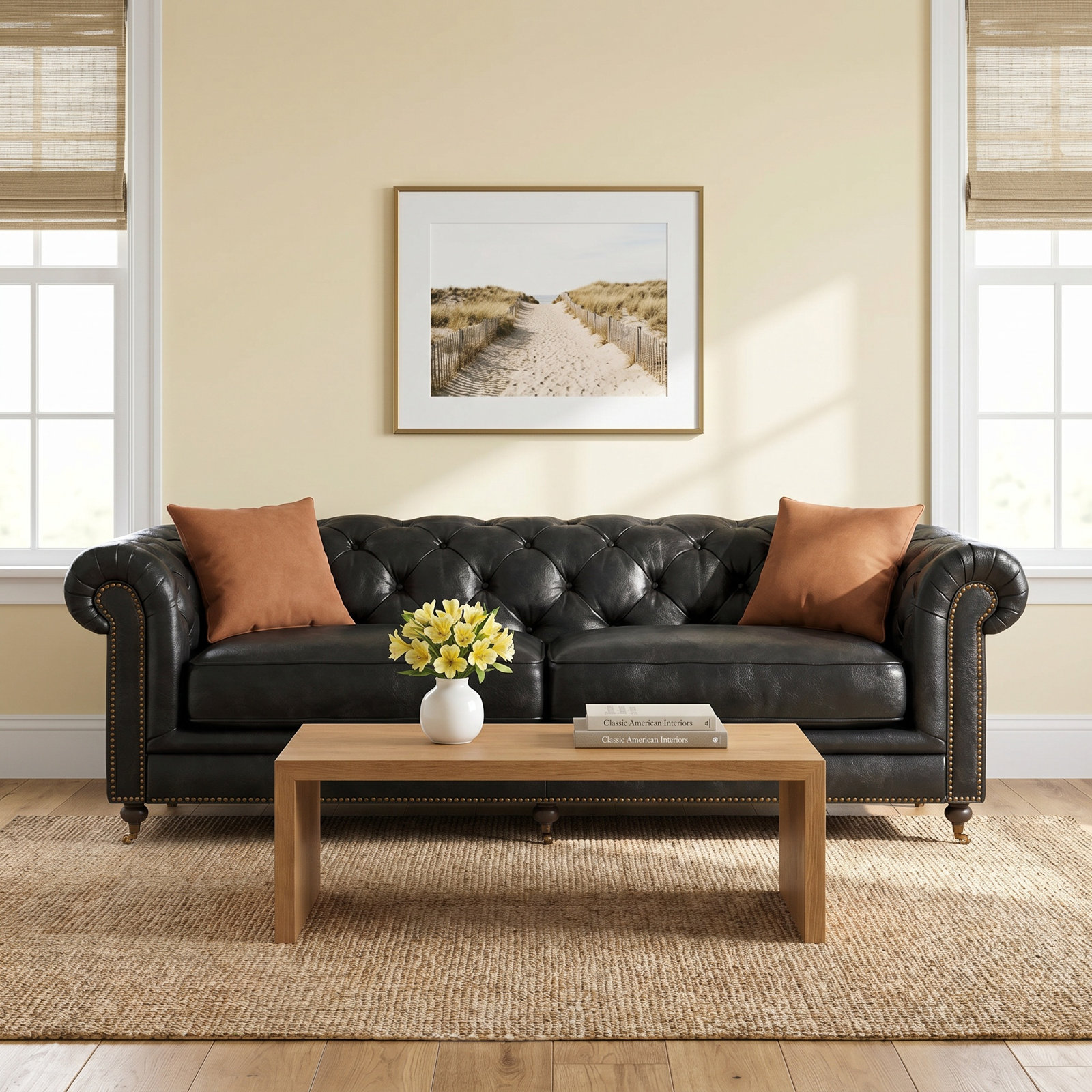 Idalia 87" Genuine Leather Sofa, Black Genuine Leather