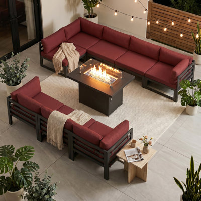 Ensemble de conversation modulaire d'extérieur en aluminium pour 8 personnes avec table de foyer et coussins Anevaeh