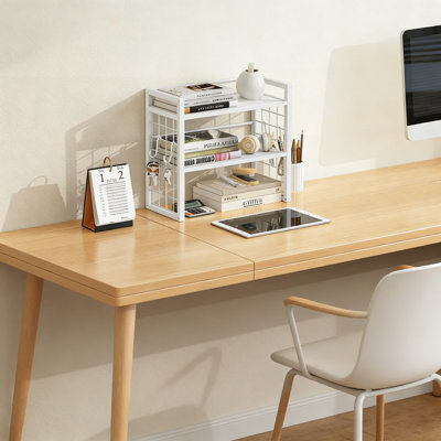 Desk Shelf Organizer With Adjustable Height, 2 Tier Desktop Bookshelf For Office Supplies, Books, And Decor, Multi-Functional Storage Rack With Hooks For Home Office And Bedroom