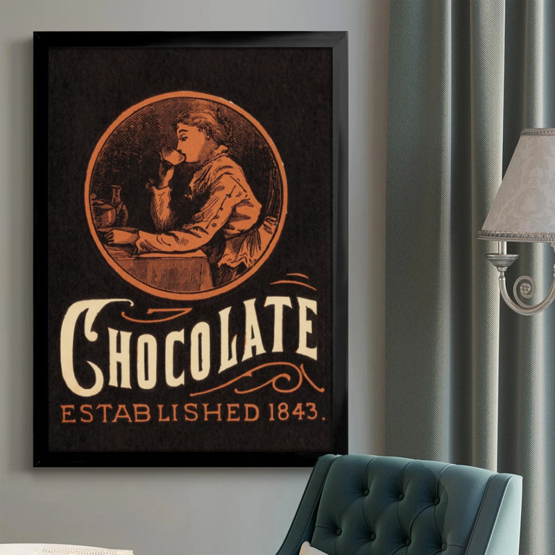 Publicité rétro moderne et rétro au chocolat: Femme sirotant une tasse, style Art déco. Art mural 24 "x 36" avec cadre en bois noir