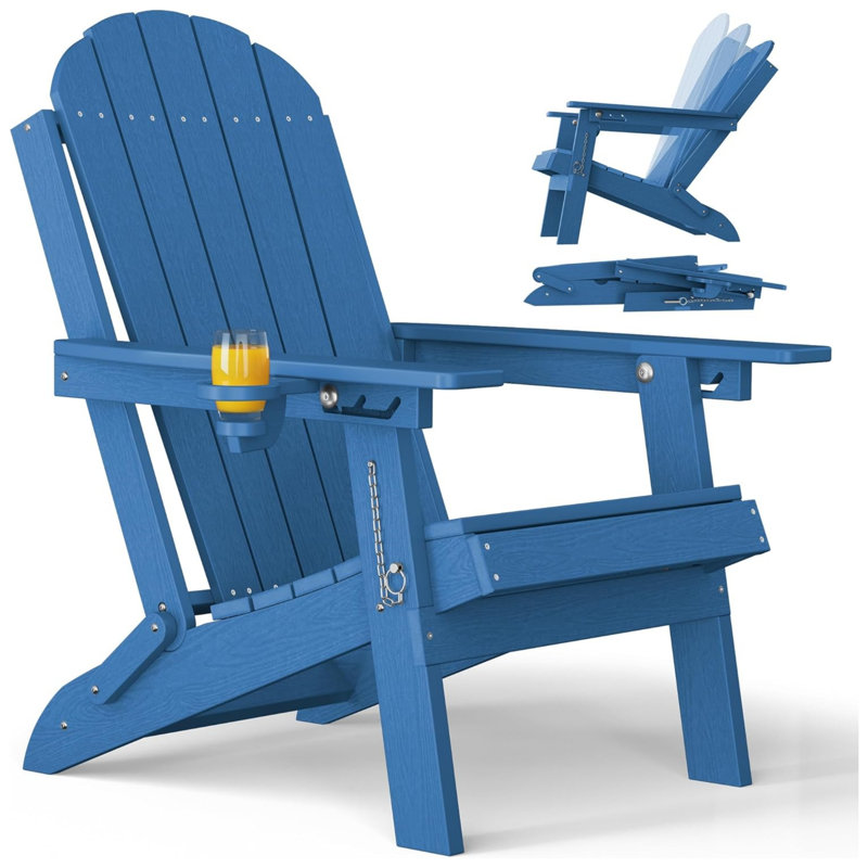 All Weather Outdoor Folding Adirondack Chair, Adjustable Backrest Adirondack Chair With Cup Holder For Lawn And Garden Pool