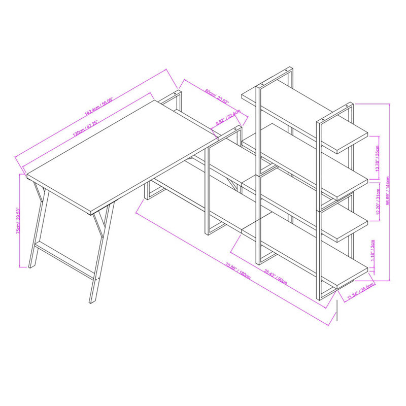 Walnut Wood L-Shaped Writing Desk with Shelves