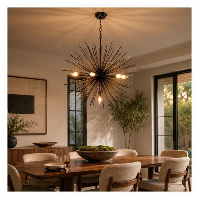 Lustre Sputnik moderne à 7 lumières en métal noir, style étoile, avec chaîne réglable, idéal pour salle à manger ou chambre.