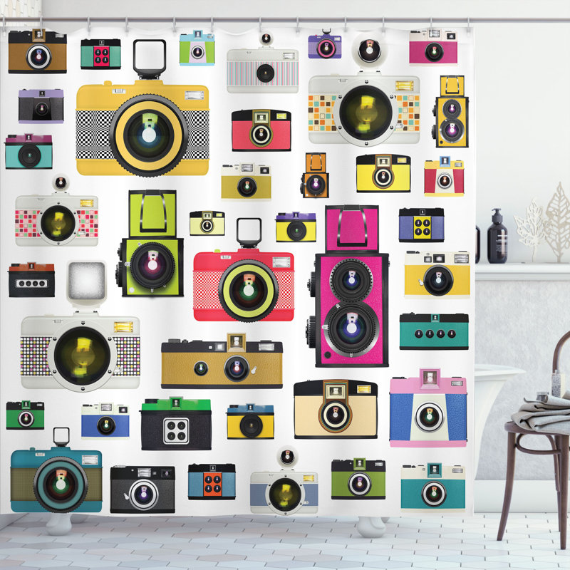 Vintage Camera Print Fabric Shower Curtain with Hooks
