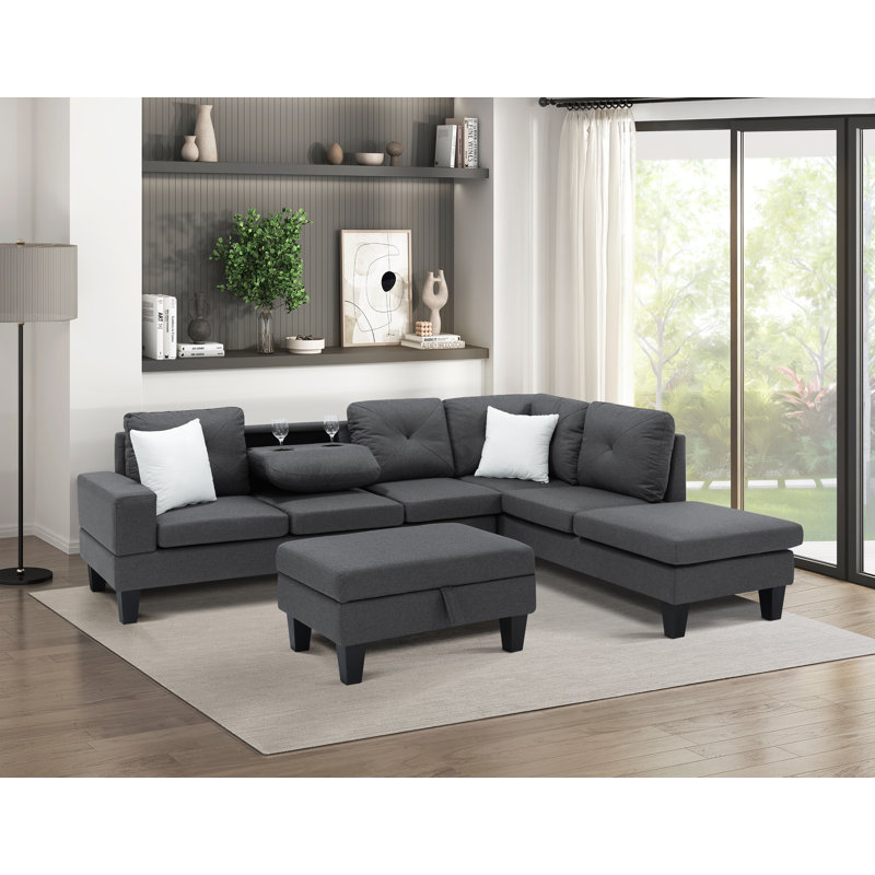 Canapé modulaire rembourré en L avec table cachée et repose-pieds de rangement (lin), Lin gris foncé