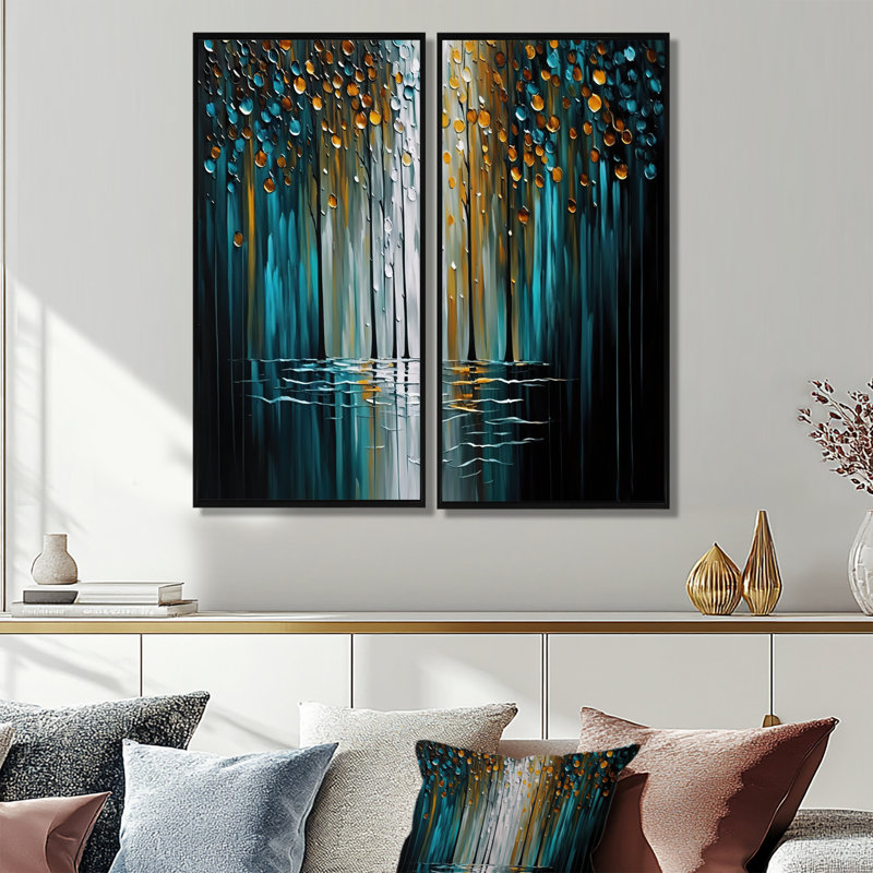 Abstrait, nature, arbres, peinture I - art mural moderne bleu, 32" H x 32" W, Black, Impression encadrée flottante