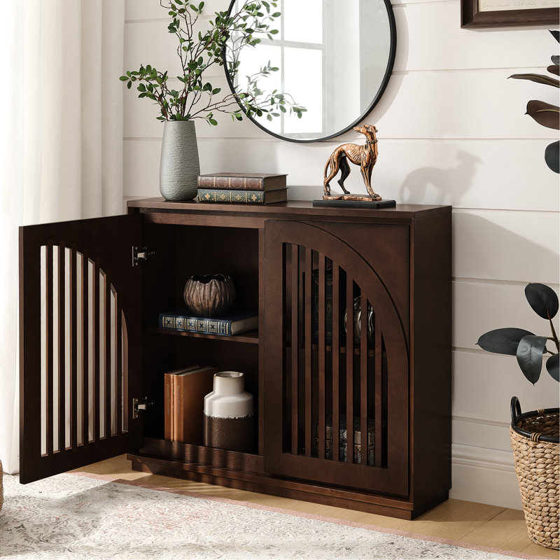 Mid Century Modern Fluted Sideboard Cabinet With 2 Outlet Holes, Buffet Cabinet With Storage, Narrow Side Cabinet For Living Room Entryway Hallway Kitchen Coffee Bar