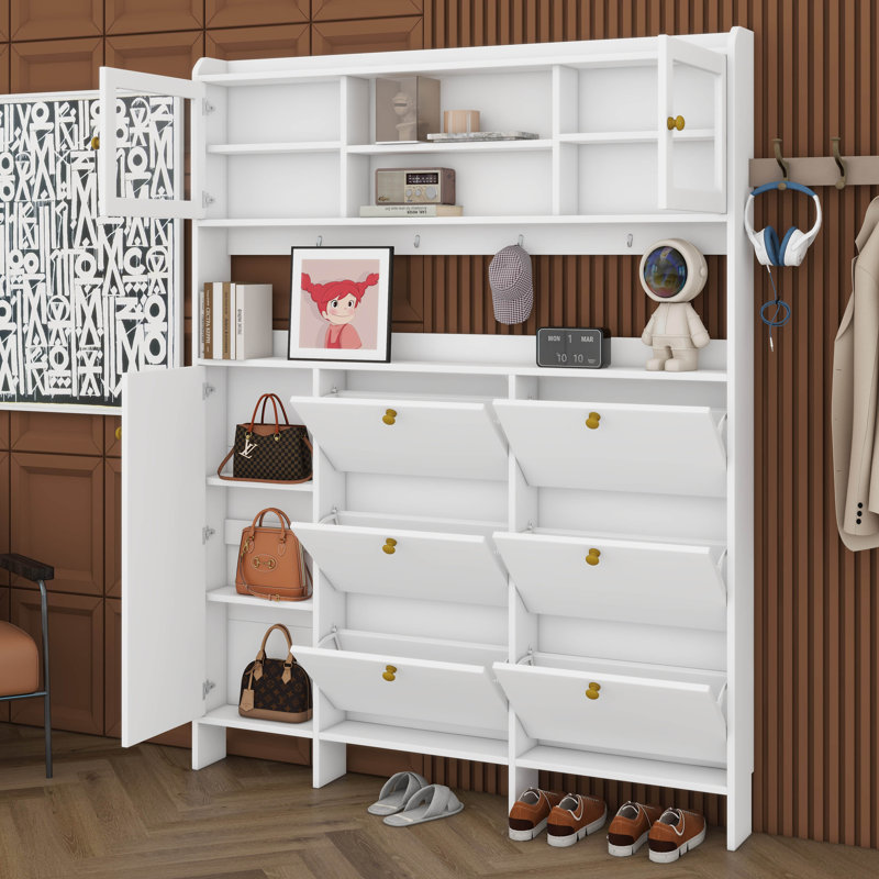 Armoire à chaussures multifonctionnelle avec tablette de rangement et 6 tiroirs rabattables, grand arbre d'entrée moderne avec portes en verre trempé, 4 crochets
