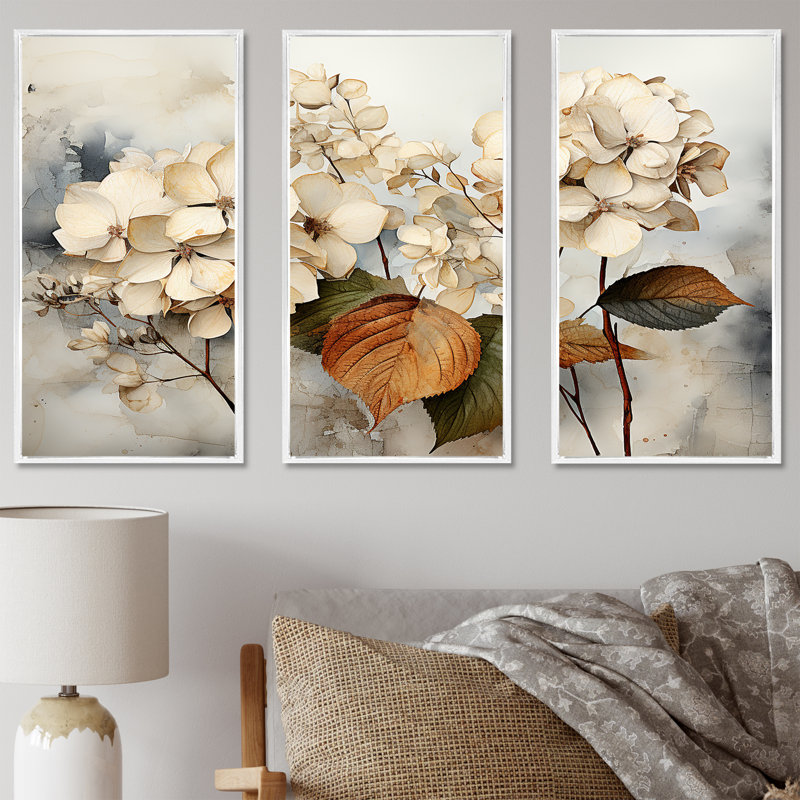 Vintage Botanical Hydrangeas - Hydrangea Wall Art Print Set, White Floater Framed, 32" H x 48" W x 1" D