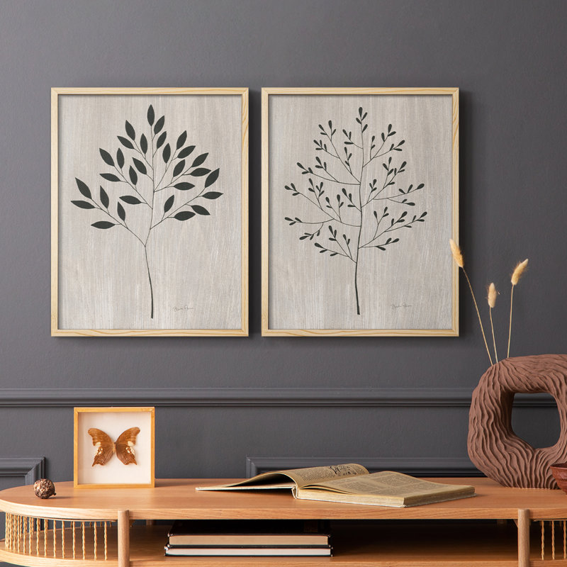 Feuilles et bois I - impression encadrée de qualité supérieure - prête à être accrochée - aucun clou requis - aucun clou requis