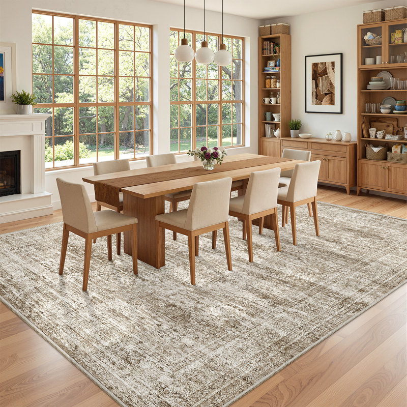 Machine Washable Distressed Non Slip Indoor Area Rug, Brown, Rectangle 243.8 x 304.8 cm