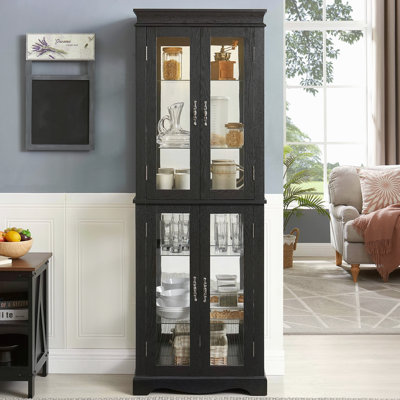 Lighted Glass Curio Display Cabinet With Wood Frame - Elegant Glass Storage For Wine, Toys & Collectibles - Perfect For Living Room, Kitchen & Pantry - Bulb Included